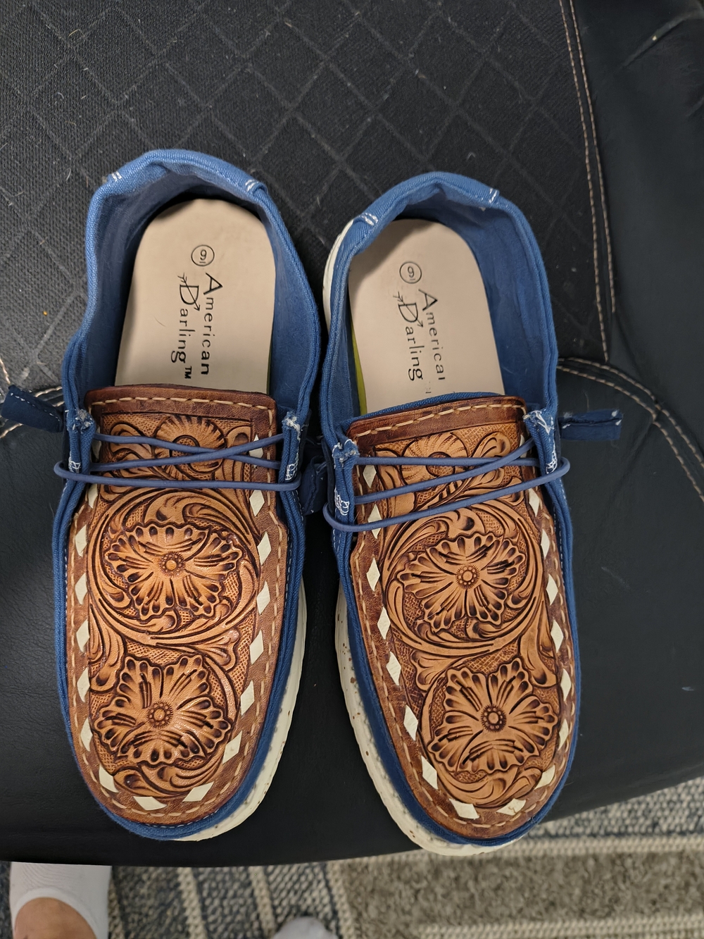 American Darling Blue & Brown Tooled Leather Boat Shoes